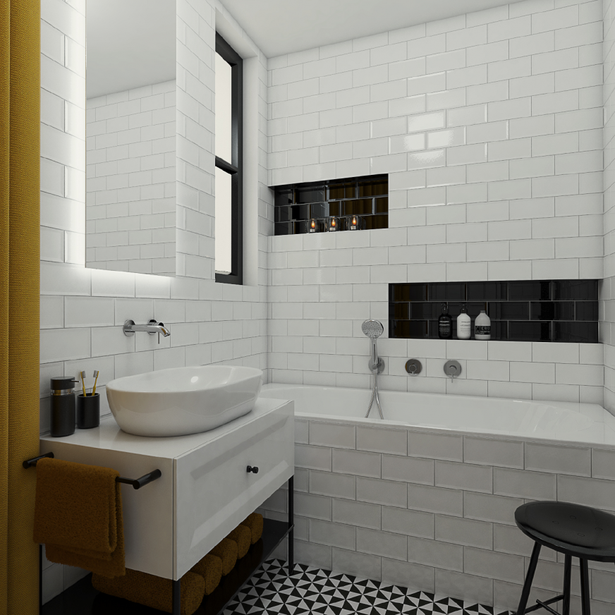 Retro koupelna BLACK & WHITE - Pohled od vstupu na umyvadlo