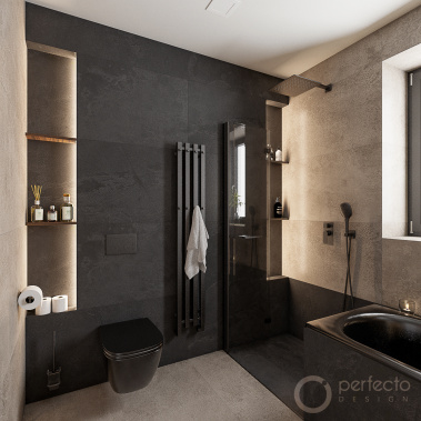 Architekti nejen architektům - Souměrné verikální niky v přizdívce u toalety pomáhají prostor opticky zvětšit.