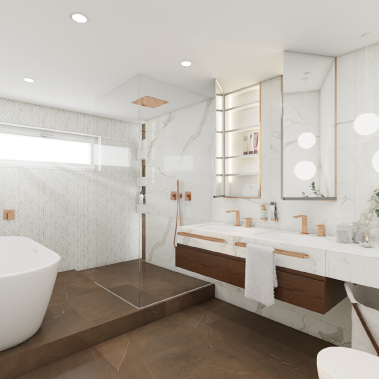 Luxusní koupelna HAJE - Pohled na sprchový kout a umyvadla