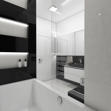 Moderní koupelna BLACK&WHITE - Pohled z vany ke vstupu